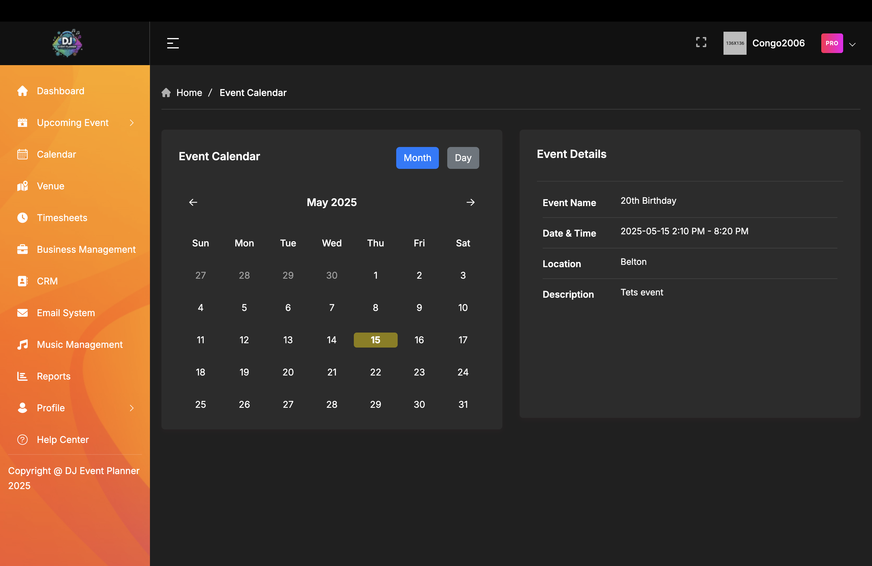 Calendar — DJ Event Planner