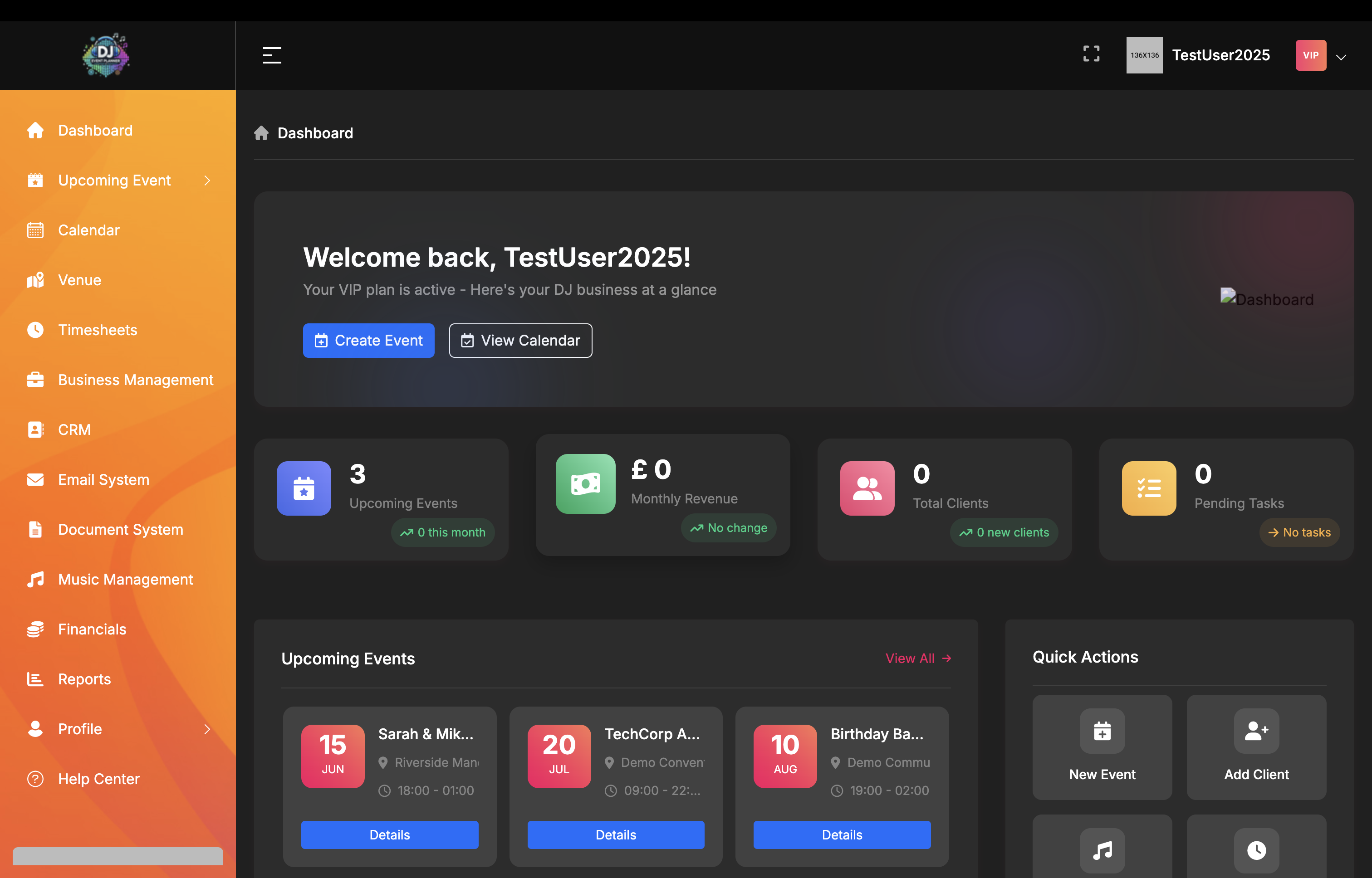 DJ Event Planner dashboard overview